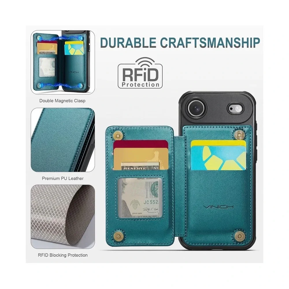 VINICH iPhone Air Wallet Case Teal Blu PU Leather RFID Blocking Card Holder Flip